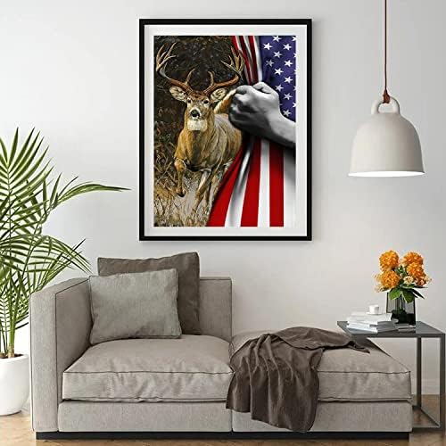 Bogviap דגל אמריקאי ציור יהלום, DIY 5D Diamond Art Deer American Flag Deer, דגל ציור יהלומים מושלם לקישוט הקיר
