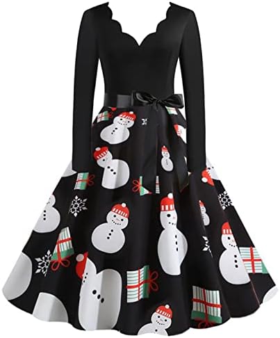נשים בציר תה שמלת חג המולד הדפסת 1950 רוקבילי נדנדה שמלה ארוך שרוולים צוואר קוקטייל מסיבת מידי שמלה