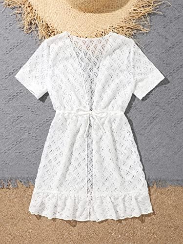 שרוך המותניים של הילדה שרוול קצר בגדי ים קימונו רשת שקופה לחפות על שמלה קצרה