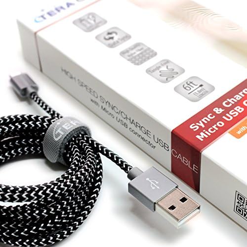 TERA GRAND - USB 2.0 A ל- MICRO USB כבל קלוע, 6 'שחור לבן - מיקרו USB/MICRO B CHARGE ו- SYNC THARD עבור אנדרואיד