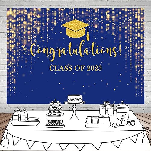 כיתת Mocsicka משנת 2023 תפאורה זהב כחול נצנצים בוקה רקע מסיבת סיום 2023 מזל טוב גראד מסיבת עוגת עוגות שולחן