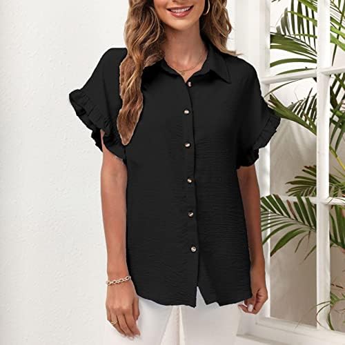 חולצת קיץ לנשים חולצת כפתור בצבע אחיד חולצת שרוול קצר צווארון משרד חולצות משרד קלות