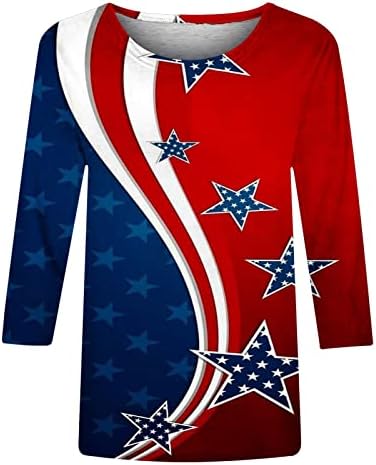 Tuianres נשים אמריקה חולצות דגל 2023 כוכבים טרנדיים פסים חולצת טי פטריוטית 3/4 שרוול יום עצמאות חולצת טריקו