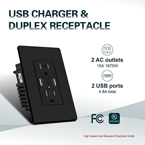 TOPELER 4.8A מטען שקע קיר USB שחור, 15 אמפר דופלקס עמיד בפני כלי קיבול, שקע חשמלי עם יציאות USB-A