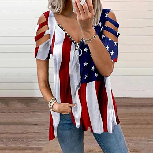 חולצות טי לנשים לנשים לנשים לנשים שרוול קצר של צווארון V צווארון טוניקות צמרות דגל אמריקאי פסי דגל עניבה על צמרות