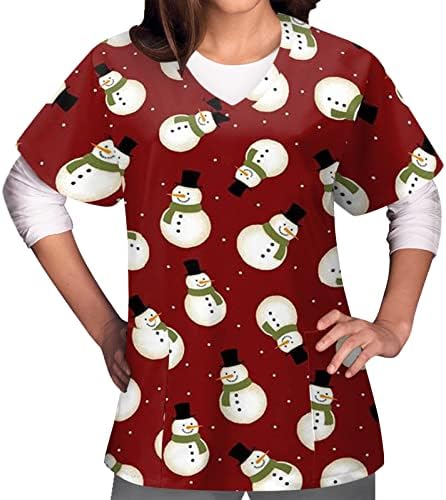 חג המולד חולצות לנשים קצר שרוול צווארון סוודר חולצות אחיד חג המולד מודפס כיסי חולצה טוניקה