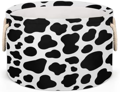 דפוס עור לבן שחור שחור סלים עגולים גדולים לאחסון סלי כביסה עם ידיות סל אחסון שמיכה למדפי אמבטיה פחים