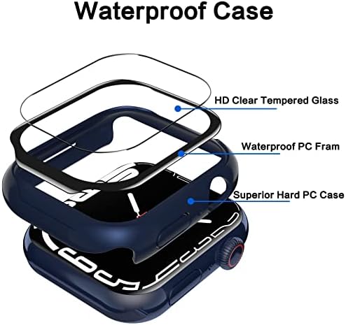 Ymhml תואם מארז כחול אטום למים לסדרת Apple Watch 8/7 41 ממ עם מגן מסך זכוכית מחוסמת, מחשב קשה כיסוי מלא מגע