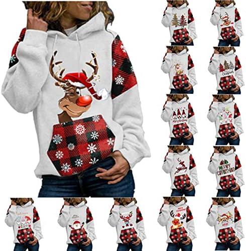 אופנה נשים חג המולד נים למעלה חיצוני לנשימה כותנה ספורט חולצה משובץ חג המולד הדפסת סלעית סוודר