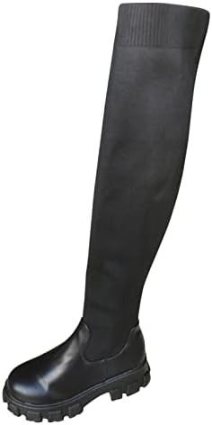 מגפיים גבוהים של Aihou Knee לנשים, אופנה נמתחת סרוג בוהן עגולה שמנמן מעל מגפי הברך פלטפורמת