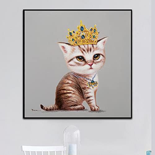 ZZCPT ציור שמן אמנות מצויד ביד-חתול מצויר של חדר ילדים מצויד ביד לובש ציור שמן כתר על בד לעיצוב יצירות אמנות