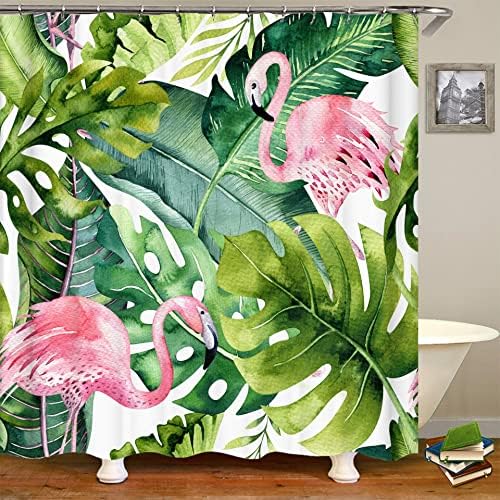 וילון מקלחת צמח טרופי היפוסאמה, סט וילון מקלחת בוטני עלים ירוק, וילונות מקלחת ג'ונגל פלמינגו לפלמינגו לחדר