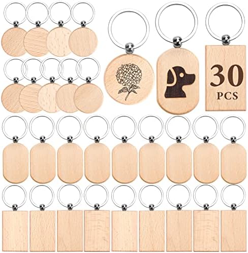 30 חתיכות עץ מחזיק מפתחות החסר, 3 צורות לייזר חריטת החסר מפתח שרשרת, לא גמור עץ מחזיקי מפתחות