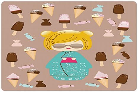 מחצלת חיות מחמד אנימה אמבסון למזון ומים, איור בובת קיץ יפנית קוקשי עם גלידה וסוכריות טעימות, מחצלת גומי מונעת