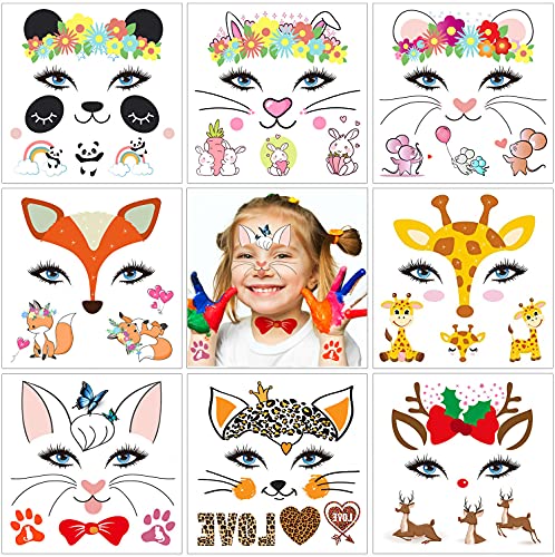בעלי החיים זמני פנים קעקועים ערכת לילדים 8 גיליונות מזויף זמני פנים צבע קעקועים לילדים בני בנות מסיבת תיק