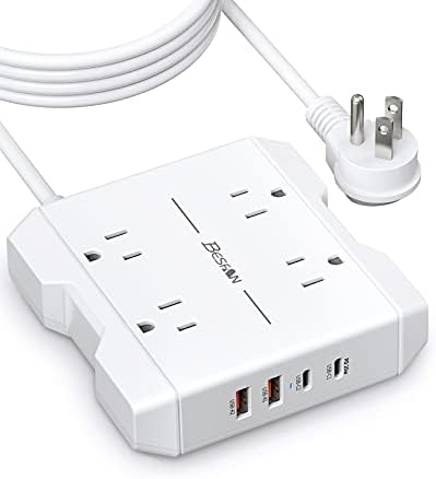 Besfan רצועת חשמל קטנה עם USB C, רצועת חשמל משלוח חשמל עם 4 שקעים, 2 USB-A 3.0 ו- 2 USB-C, כבל הרחבה שטוח