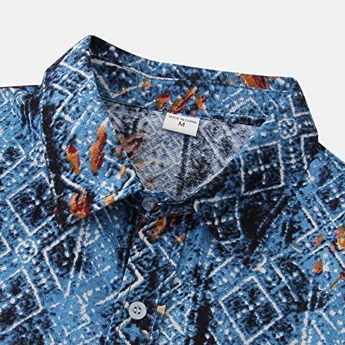 XXBR Mens Mens כפתור מזדמן למטה חולצות שרוול קצר הדפסה גרפית גיאומטרית חולצה הוואי קיץ צווארון חוף צווארון