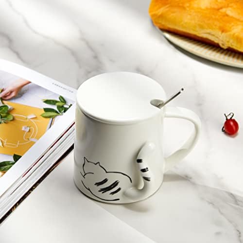ספל קפה חתול עם מכסה וכף פלדה אל חלד, כוסות תה חתולים לבנים תלת מימדי, 12 oz חמוד חמוד סקיצה של חתול