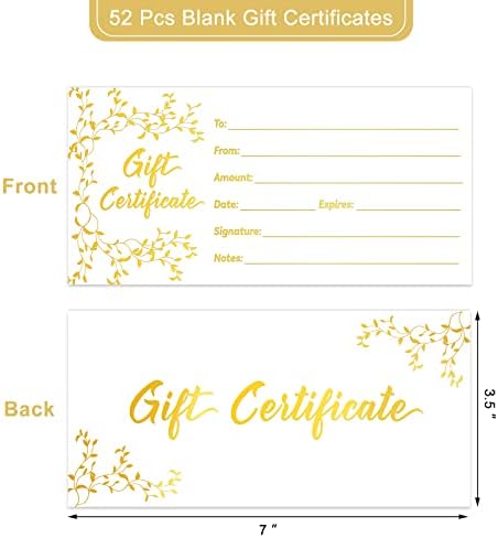 52 יחידות נייר זהב ריק שוברי מתנה-3.5 איקס 7 כרטיסי תעודה שוברים לחג המולד ספא סלון מסעדה עסקים קטנים