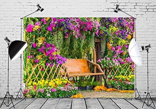 בד לוקקור 10x8ft פרחי אביב יפהפיים תפאורה סגול פארק פרחוני פארק עץ ספסל עץ