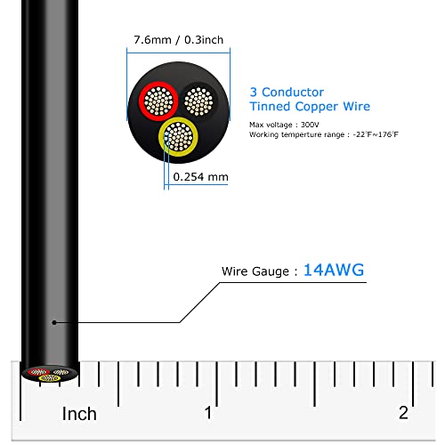 Dekievale 14 מד 3 חוט חשמלי מוליך, 65.6ft שחור תקוע 14/3 חוטים, 14 כבל חוט נחושת 3 של AWG, חוט PVC גמיש