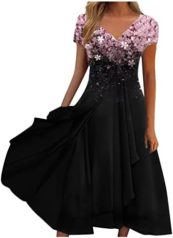 שמלה שחורה לנשים, בגדי טרקלין אביביים שמלות ערב שרוול קצר קלאסי נשים הדפסה רופפת ארוכה חזה