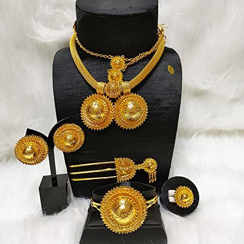מתנות יום אמהות סט תכשיטים אתיופיים לנשים עיצובים חדשים 24 קראט עגילי תליון מצופה זהב סיכת ראש שרשרת