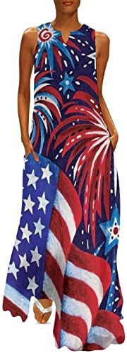 4 ביולי מקסי שמלה לנשים רופף מזדמן קיץ בוהו שמלה ללא שרוולים צווארון שמלת אמריקאי דגל זורם חוף שמלות