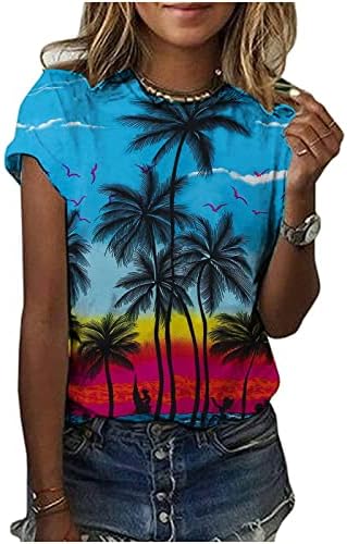 צמרות נשים שרוול קצר צוואר צווארון טש חולצת שקיעה קוקוס עץ קוקוס גרפי קיץ חולצות הוואי לבוש חולצה