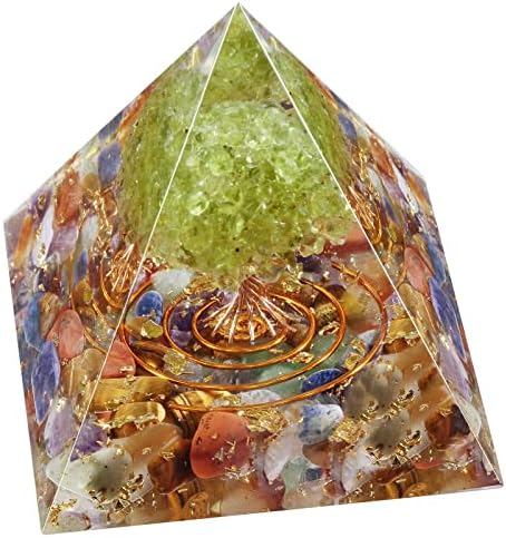 יטמינג אורגון פירמידה קריסטלית צבעונית עם עץ חיים של פרידוט, אבנים מפוצלות וגנרטור אנרגיה לחוטי