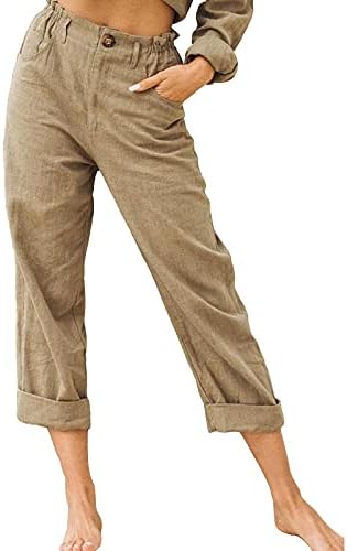 קיץ מזדמן כותנה פשתן מכנסיים לנשים בבאגי ישר רגל מכנסיים גבוהה מותן ארוך מכנסיים עם כיסי נוחות מכנסיים