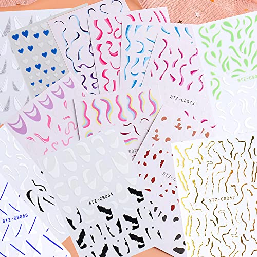 צרפתית נייל אמנות מדבקות 3 ד דביק נייל מדבקות עיצוב, צבעוני גלי קו לב נייל קישוט הולוגרפית אלגנטי