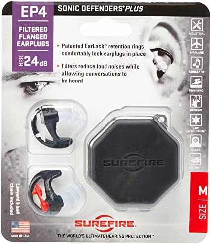 Surefire EP4 מגנים סוניק פלוס אטמי אוזניים מסוננים, עיצוב משולש אוגן, לשימוש חוזר, שחור, גדול