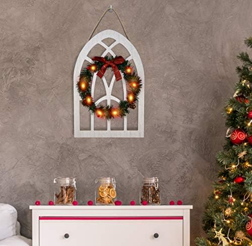 מואר לחג המולד מואר לחג המולד קישוט קיר חופשה חלון עץ מסגרת קשת דלת כניסה שלט עם קישוטי זר אור אורנים
