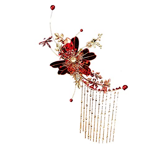 חטיפי כלה פרחים אדומים סיניים קליפי שיער סיניים דרקון ושמלת פיניקס אביזרי שיער לחתונה