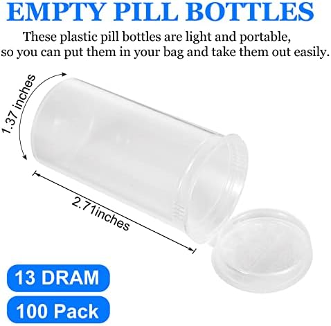 וופלקסי 100 יחידות פלסטיק ריק מרשם בקבוקון, 13 דרם ריק גלולת בקבוקים, עמיד למים אטום משותף גלולת בקבוקי