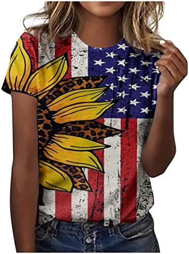 בנות צוואר צווארון כותנה דגל אמריקאי חמניות חמניות פרחוניות חולצה גרפית לחולצה לנשים סתיו קיץ 0S 0S