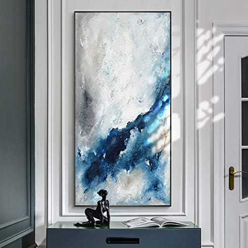 ציור שמן על בד גדול מצויר ביד,מופשט כחול לבן ציור שמן על בד מודרני גדול גודל קיר אמנות פוסטר קישוט