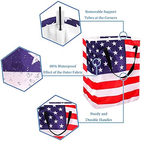 דגל אמריקאי סל כביסה לבנה סל אחסון מתקפל עם ידיות לחיפוש, חדר ילדים, אחסון צעצועים