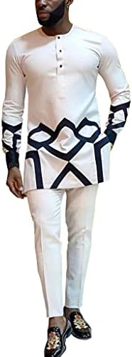 גברים אפריקאים בגדים מסורתיים סט כפתור Dashiki חולצת כפתור ומכנסיים תלבושות אימונית עם שרוול ארוך.