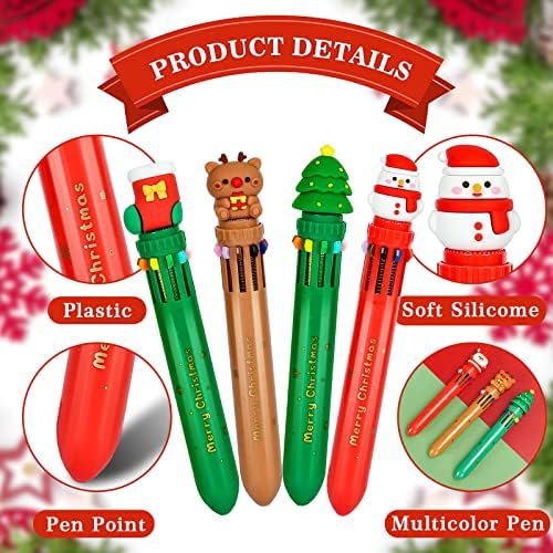 WHALINE 12 יחידות חג המולד עטים כדוריים רב -צבעוניים עטים 10 ב 1 עטים כדורי נשלפים סנטה קלאוס