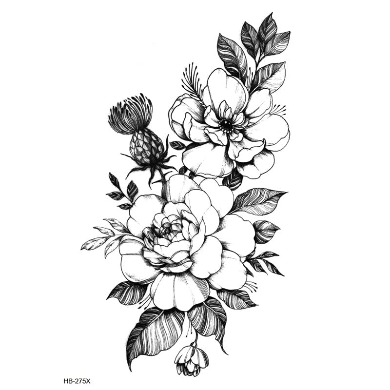 2 סדינים סקיצה שחורה פרח עמיד למים מדבק קעקוע זמני חצי זרוע זרוע זרוע מזויפת קעקוע גוף אמנות קעקוע קעקוע
