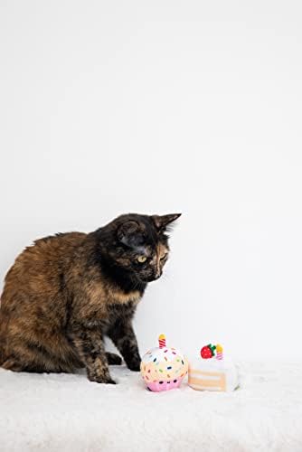 סט צעצוע של עוגת יום הולדת לחתול, עוגת יום הולדת וקאפקייקס צעצועי חתול עם חתול, צעצועי חתלתול אינטראקטיביים,