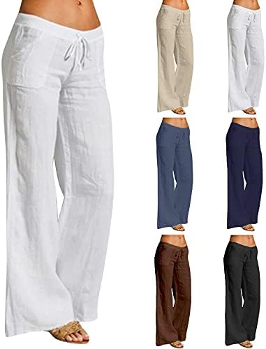 מכנסי כותנה לנשים של Uofoco מכנסיים ארוכים המותניים הגבוהים משיכת מכנסיים מתאימים מזדמנים עם כיסים