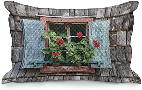 Geraniums Ambesonne Geraniums מרופד כרית, פרחים פורחים על חלון הבית הכפרי עם תריסים כפריים בצבע