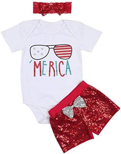 ייחודי 3 יחידות תינוקות תינוקות דגל דגל הדפסת בגד גוף רומפר+מכנסיים קצרים+סרטי ראש