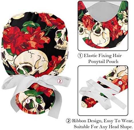 כובעים רפואיים לנשים עם כפתורים שיער ארוך, כובע עבודה מתכוונן של 2 חלקים, פרח פרחים פרחוני פרחים צבעוניים