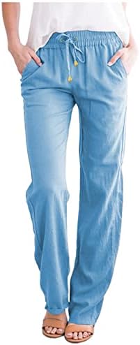 מכנסי פשתן קיץ מזדמנים לנשים מכנסי רגל רחבים עם כיסים רופפים בכושר צבע טהור מכנסי רגל ישר מכנסי חוף