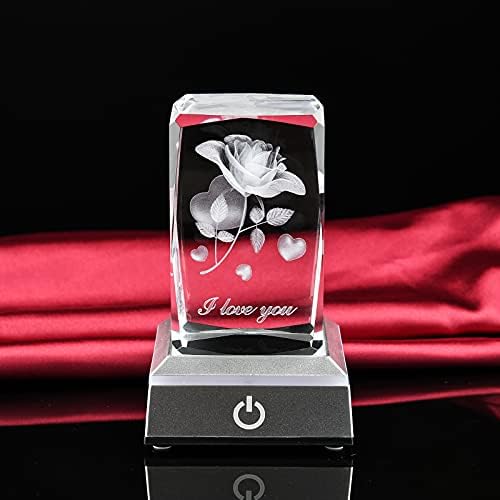 Bianroco Rose Heart I Love You Grystal 3D חרוט עם בסיס אור LED מתנה ייחודית ליום הולדת לחתונה של חג