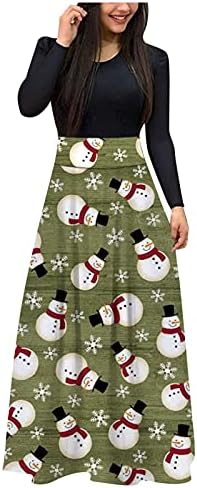 הנשים חג המולד הדפסת פתית שלג שמלת מקסי שמלת טוניקה קרקעית מזדמנת שמלות חג המולד שרוול ארוך מותניים